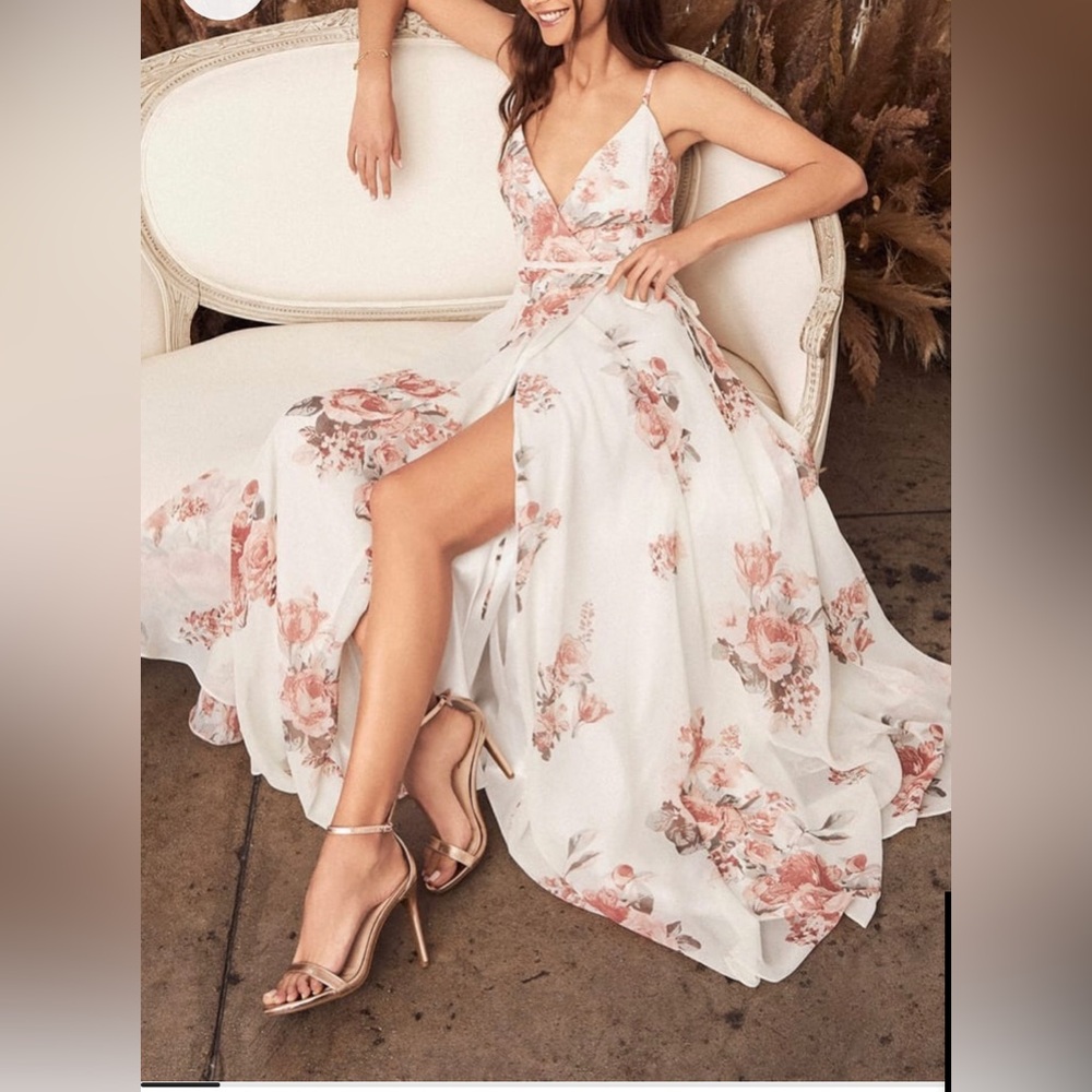 Lulus Elegantly Inclined Cream Floral Print Wrap Around Maxi. Size small.